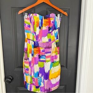 Ali Ro Silk Blend Strapless Paint Strokes Pattern Mini Dress Size 2